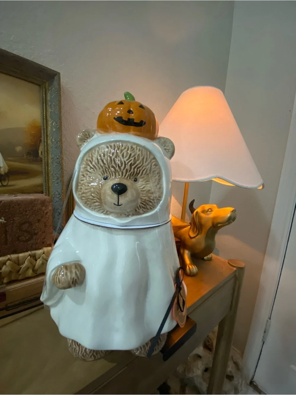 Ceramic Ghost Bear Cookie Jar in White with Pumpkin Hat